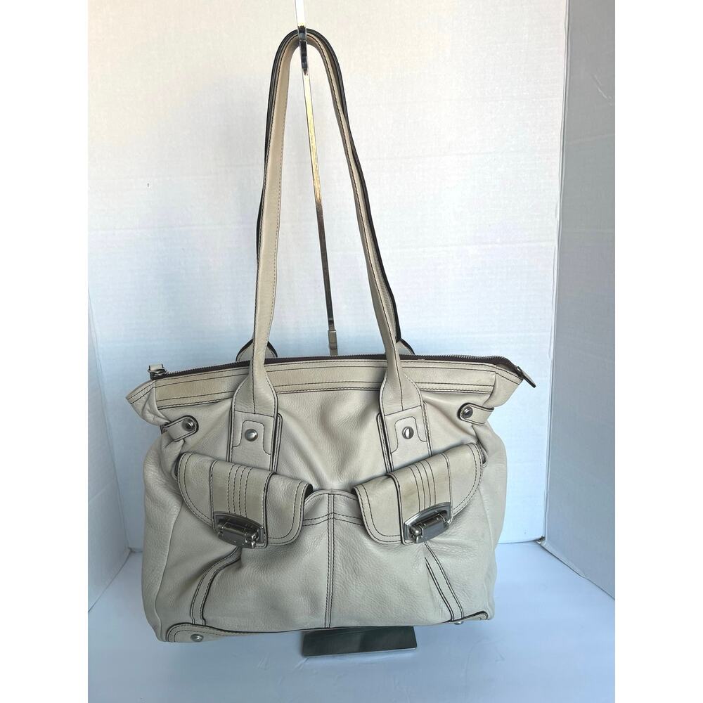 B. Makowsky Cream Off White Pebble Leather Brown‎ Stitching Hobo XL Shoulder Bag